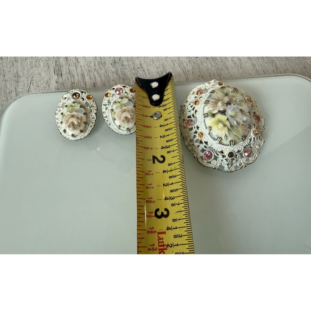 Germany Floral Enamel Hand-Painted Brooch, Clip on Earrings Set Rhinestone Vtg - Picture 7 of 15